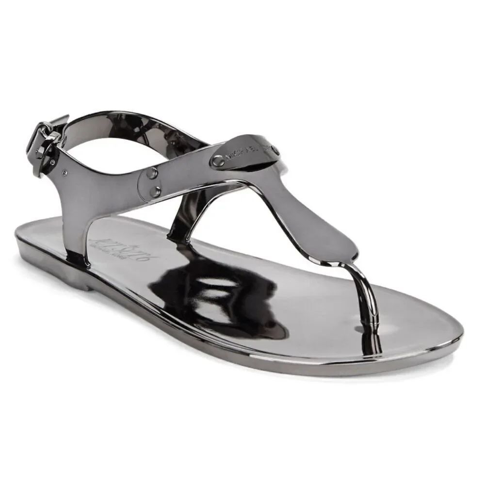 Michael Michael Kors Gunmetal Jelly Thong Sandals Size 6M Logo Plate Detail